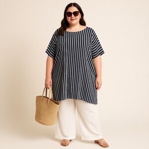 Sejour Navy Contrast Striped Oversized Tunic Dress 22W|Coastal Lagenlook Beach
